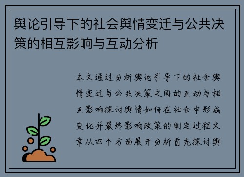 舆论引导下的社会舆情变迁与公共决策的相互影响与互动分析